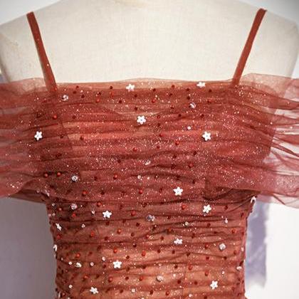 Sparkly A Line Burgundy Tulle Long Prom Dress B407