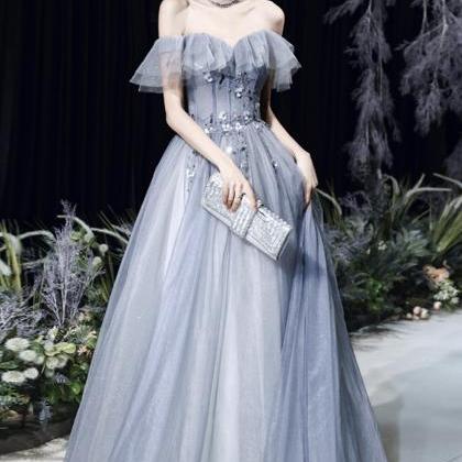 Gray Tulle Lace Long A Line Prom Dress Evening..