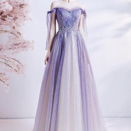 Purple tulle long A line prom dress evening gown