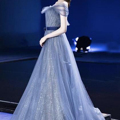 Blue Tulle Sequins Long A Line Prom Dress Evening..