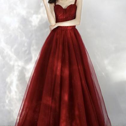 Burgundy tulle long A line prom dress evening dress s75