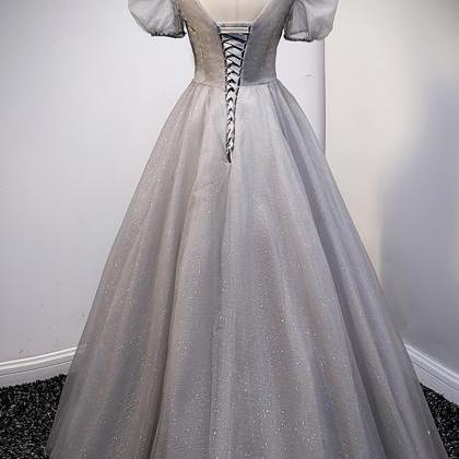 Gray V Neck Tulle Long A Line Prom Dress Evening..