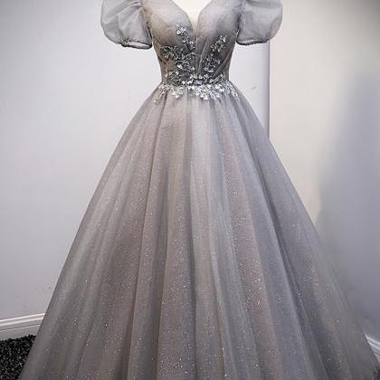 Gray V Neck Tulle Long A Line Prom Dress Evening..