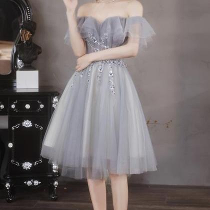 Gray Tulle Beads Short Prom Dress Party Dress