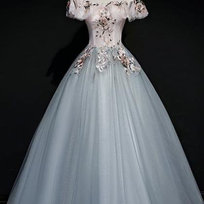 Gray Tulle Lace Long A Line Prom Dress Formal..