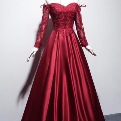 Burgundy Lace Long Sleeve Prom Dress Evening Dress