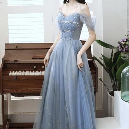 Blue Tulle Beads Long A Line Prom Dress Evening..