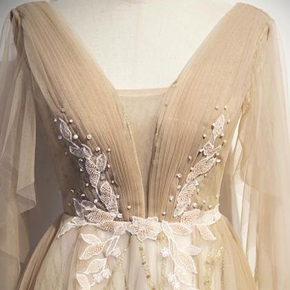 Stylish V Neck Tulle Lace Long Prom Dress A Line..