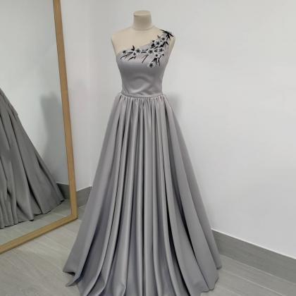 Gray Satin Long Prom Dress One Shoulder Evening..