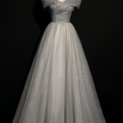 Gray Tulle Sequins Long A Line Prom Dress Evening..