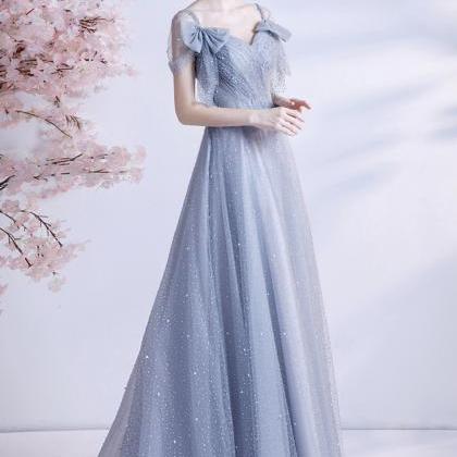 Gray Tulle Sequins Long A Line Prom Dress Evening..