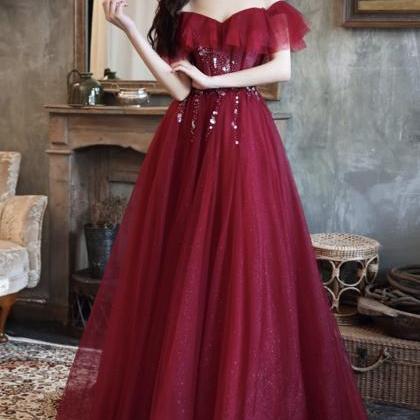 Burgundy Tulle Long A Line Prom Dress Evening..