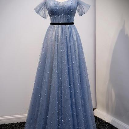 Blue Tulle Long A Line Prom Dress Evening Dress