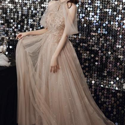 Champagne Tulle Sequins Long A Line Prom Dress..
