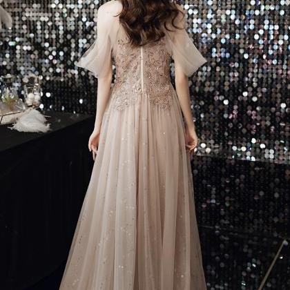 Champagne Tulle Sequins Long A Line Prom Dress..