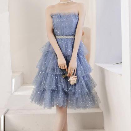 Blue Tulle Sequins Short Prom Dress Party Dress