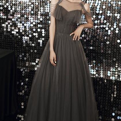 Gray Tulle Long A Line Prom Dress Evening Dress