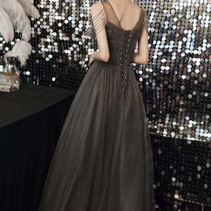 Gray Tulle Long A Line Prom Dress Evening Dress