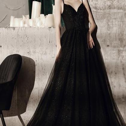 Black Tulle Long A Line Prom Dress Evening Dress