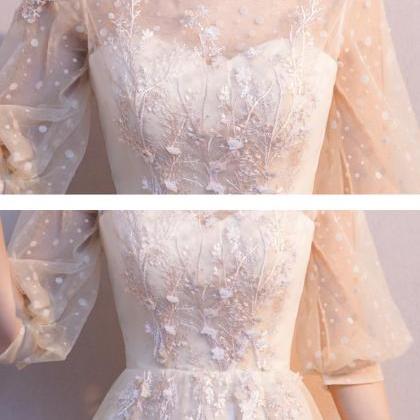 Champagne Tulle Lace Short A Line Prom Dress