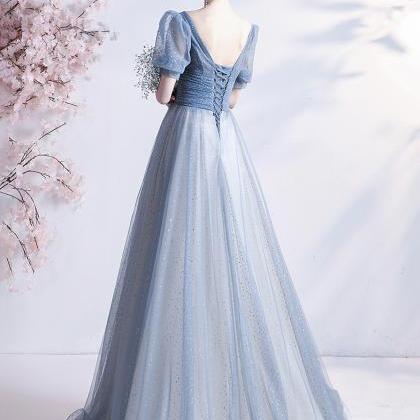 Blue Tulle Long A Line Prom Dress Blue Evening..