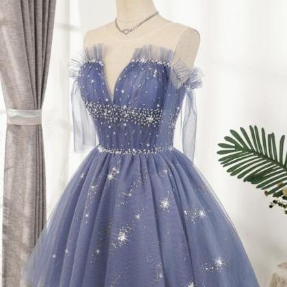 Blue Tulle Sequins Short A Line Prom Dress Party..