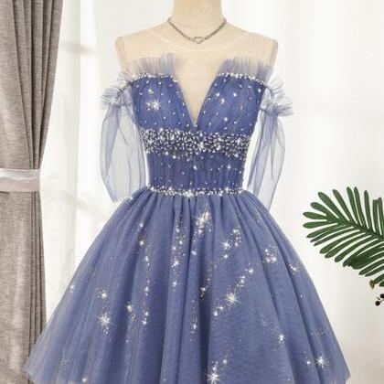 Blue Tulle Sequins Short A Line Prom Dress Party..