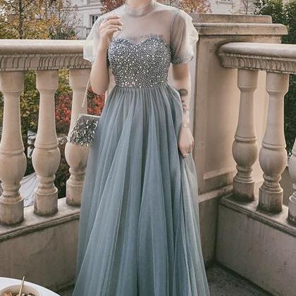 Blue Tulle Beads Long A Line Prom Dress Evening..