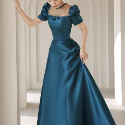 Blue saitn long prom dress A line evening gown s64 main image 1