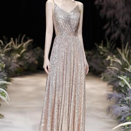 Champagne Sequins Long A Line Prom Dress Evening..