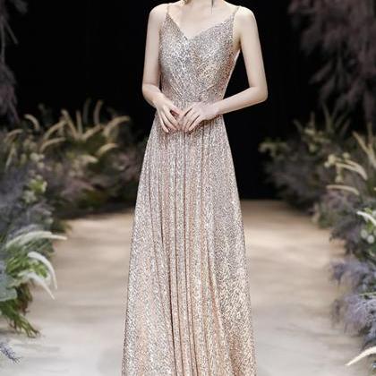 Champagne Sequins Long A Line Prom Dress Evening..