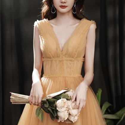 Yellow Tulle Tea Length Prom Dress Evening Dress