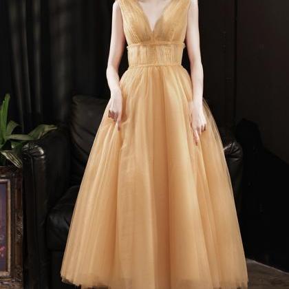 Yellow Tulle Tea Length Prom Dress Evening Dress