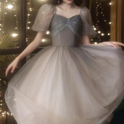 Gray Tulle Short A Line Prom Dress Homecoming..