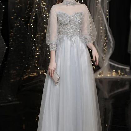 Gray tulle lace prom dress A line evening dress  8442