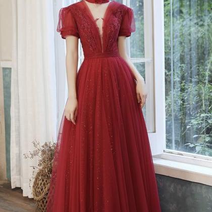 A line burgundy tulle long prom dress, burgundy floor length evening dress main image 1