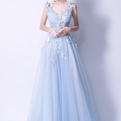 Teal Blue Tulle A-line Long Prom Dress with Lace