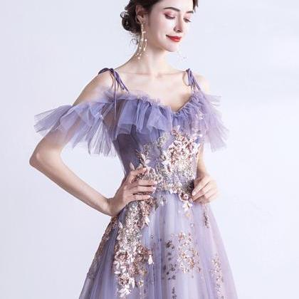 Purple Tulle Sequins Long A Line Prom Dress..