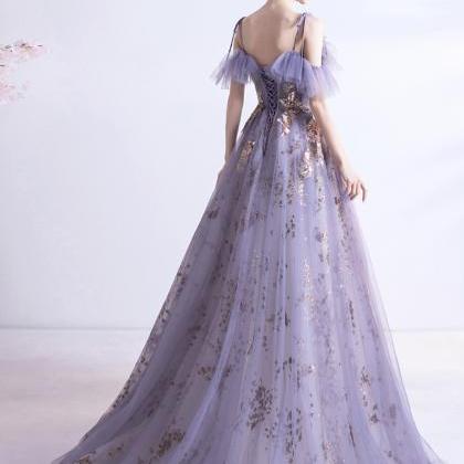 Purple Tulle Sequins Long A Line Prom Dress..