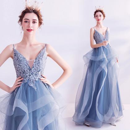 Blue V Neck Lace Long A Line Prom Dress Blue..