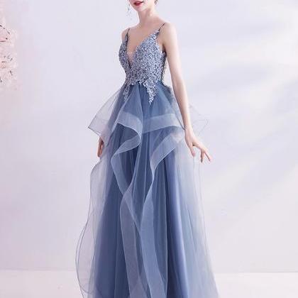 Blue V Neck Lace Long A Line Prom Dress Blue..
