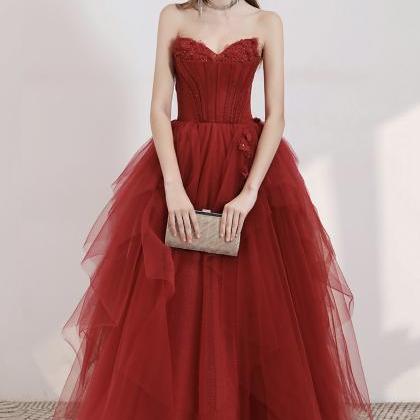 Sparkly A Line Burgundy Tulle Long Prom Dress