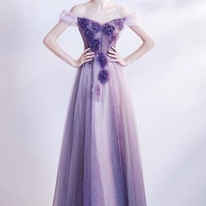 Purple Tulle Long A Line Prom Dress Evening Dress