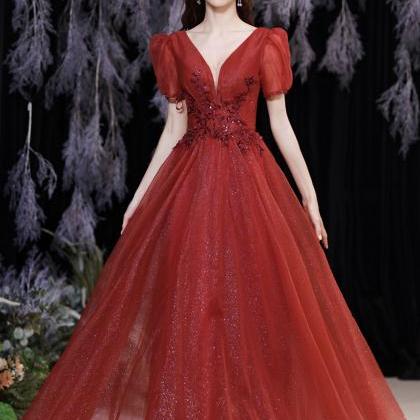 Dark Red A-Line Bateau Tulle Long Prom Dress with Floral Embroidery main image 0