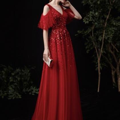 Red Tulle Sequins Long A Line Prom Dress Red..