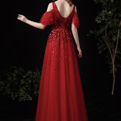Red Tulle Sequins Long A Line Prom Dress Red..