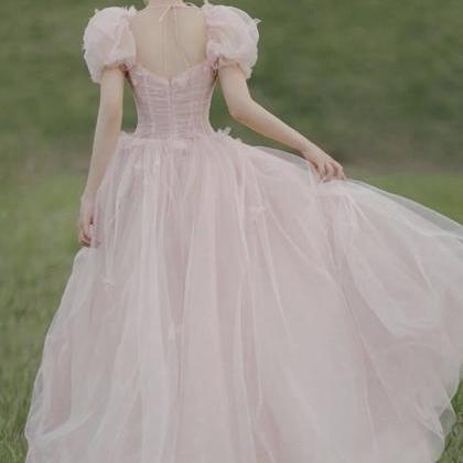 Pink Tulle Long A Line Prom Dress Evening Dress