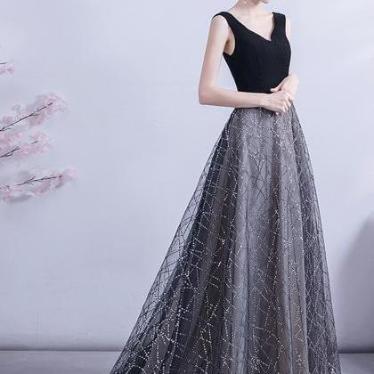 Black Tulle Sequins Long A Line Prom Dress Evening..