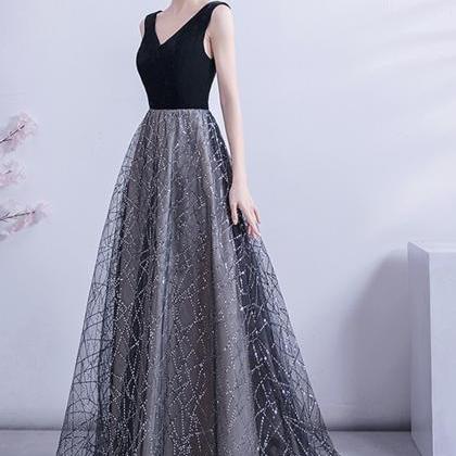 Black Tulle Sequins Long A Line Prom Dress Evening..