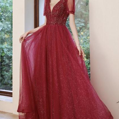 Burgundy Tulle Beads Long A Line Prom Dress..